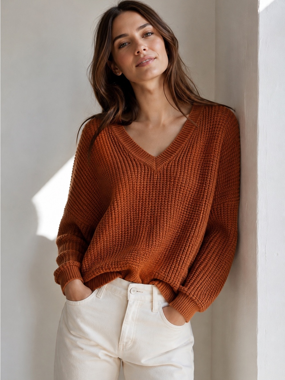 Tradlands Canyon Cotton Waffle Knit Sweater XS Rust Slouchy V-Neck Pullover